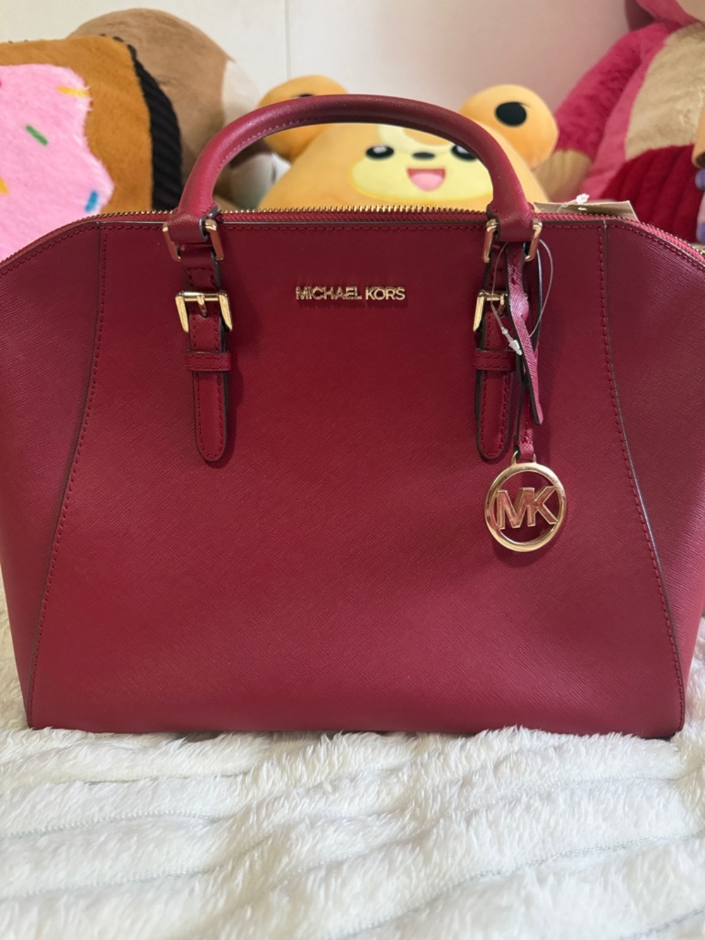 Michael Kors Wine Red Saffiano Leather Tote with Gold Hardware